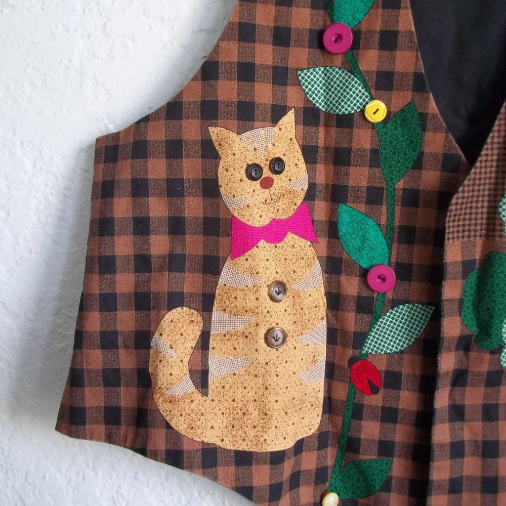 Vintage CRAFTCORE Kitsch Ditsy Floral Cat Scrunchie Flower Check Waistcoat Vest - Picture 3 of 7